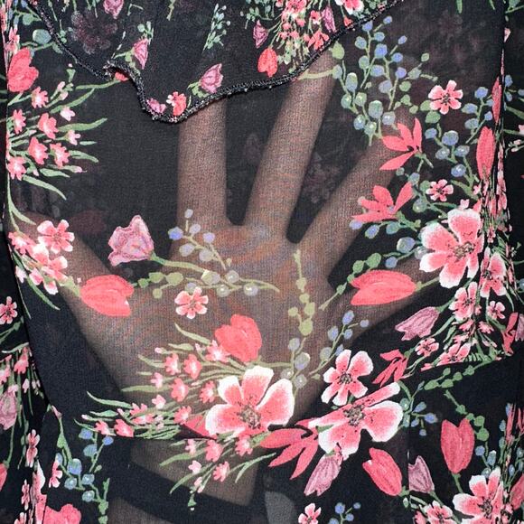 Zara Black Pink Floral Sheer Ruffle Long Sleeve Peplum Top Size Large - Picture 6 of 13